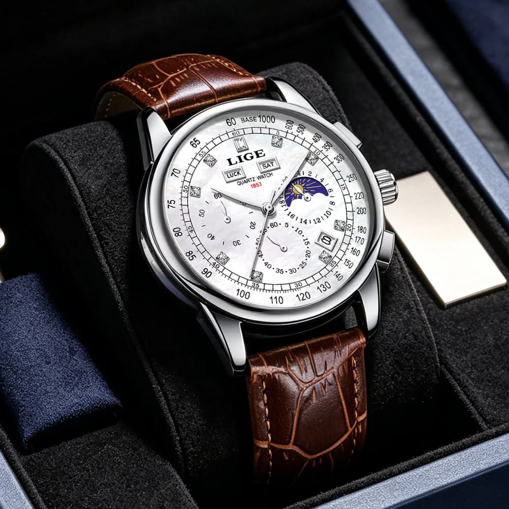 New Mens Watches LIGE Top Brand Luxury Leather Casual Quartz Watch Men's Sport Waterproof Clock Watch Relogio Masculino+Box