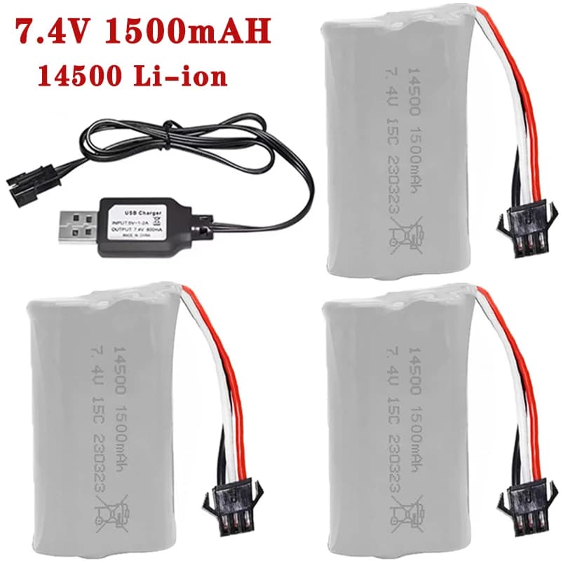 Batteria agli ioni di litio da 7,4 V 1500 mAh 14500/con spina SM3P/caricatore USB per pistola ad acqua RC camion nave elicottero giocattolo batteria accessori