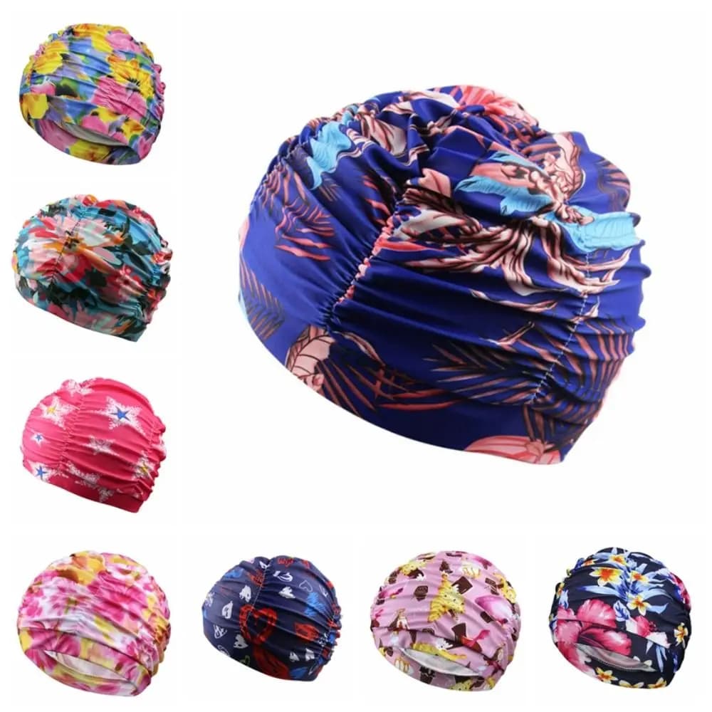 Printed Fabric Oversized Swimming Cap Quick Drying Breathable Hot Spring Swimming Cap Long Hair Lightweight Bathing Cap Diving