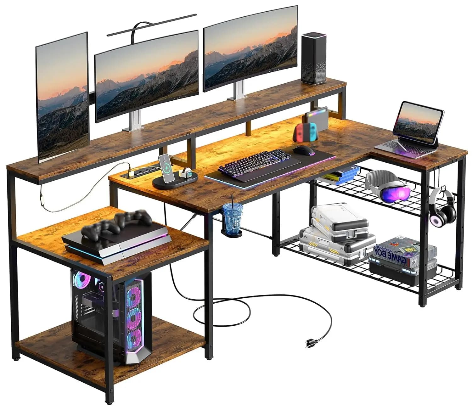Scrivania per computer da 71,5 pollici con prese di corrente, scrivania grande per ufficio domestico con supporto per monitor, scrivania angolare a forma di L, personalizzabile