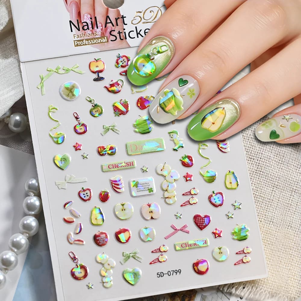1pcs Laser Green/Red Apple Cute Nail Art Stickers Peeled Apple Pear Bow Star Y2K Nail Art Decals Colorful Fruit Manicure Sliders