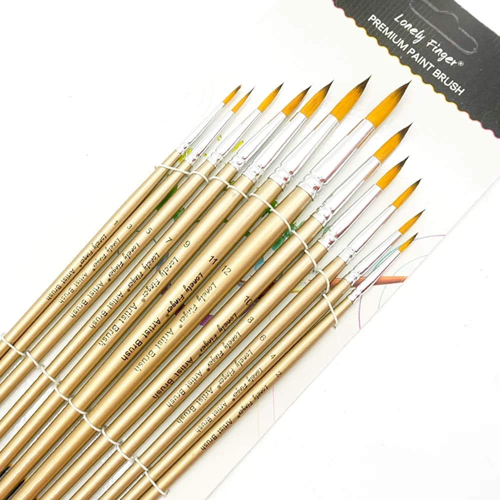 12pcs Round Tip Nylon Hair Artist Paintbrushes for Acrylic Watercolor Oil Ink Canvas Painting, Face Body Nail Art, Model, Rock