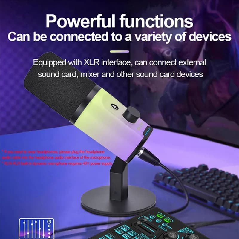 Microfono dinamico USB/XLR dotato di FFYY-RGB per desktop per podcasting, registrazione, giochi, streaming live, modello a doppia interfaccia