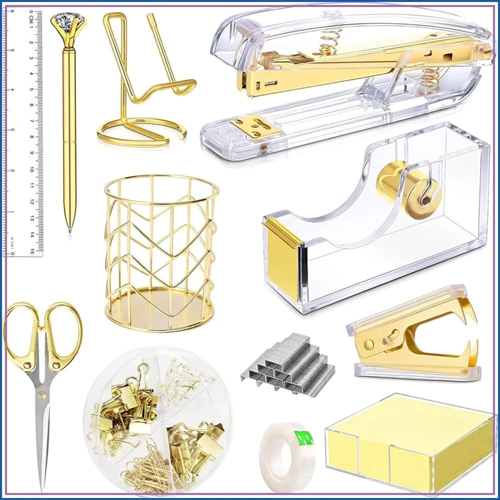 Gold Acrylic Desk Organizer Set: Stapler, Tape Dispenser, Pen Holder, Scissors, Phone Stand, Ruler, Notes & More