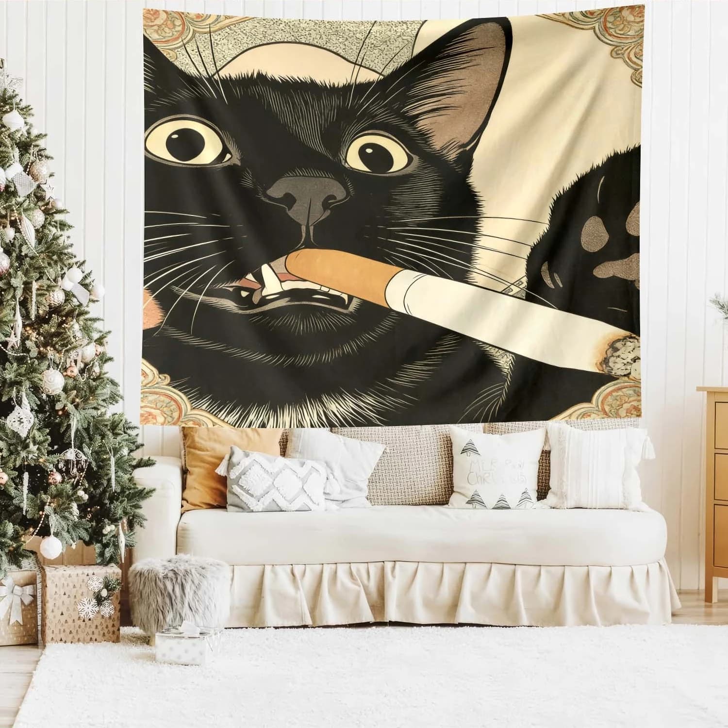 Distinctive Smoking Cat Tapestry, Funny Illustration Wall Hanging for Bedroom Living Room Home Decor Accessories