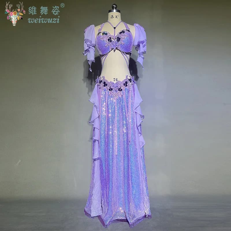 Set di costumi di danza del ventre Reggiseno con pietre AB senior personalizzato professionale + gonna lunga con paillettes Vestito da competizione di danza orientale per adulti