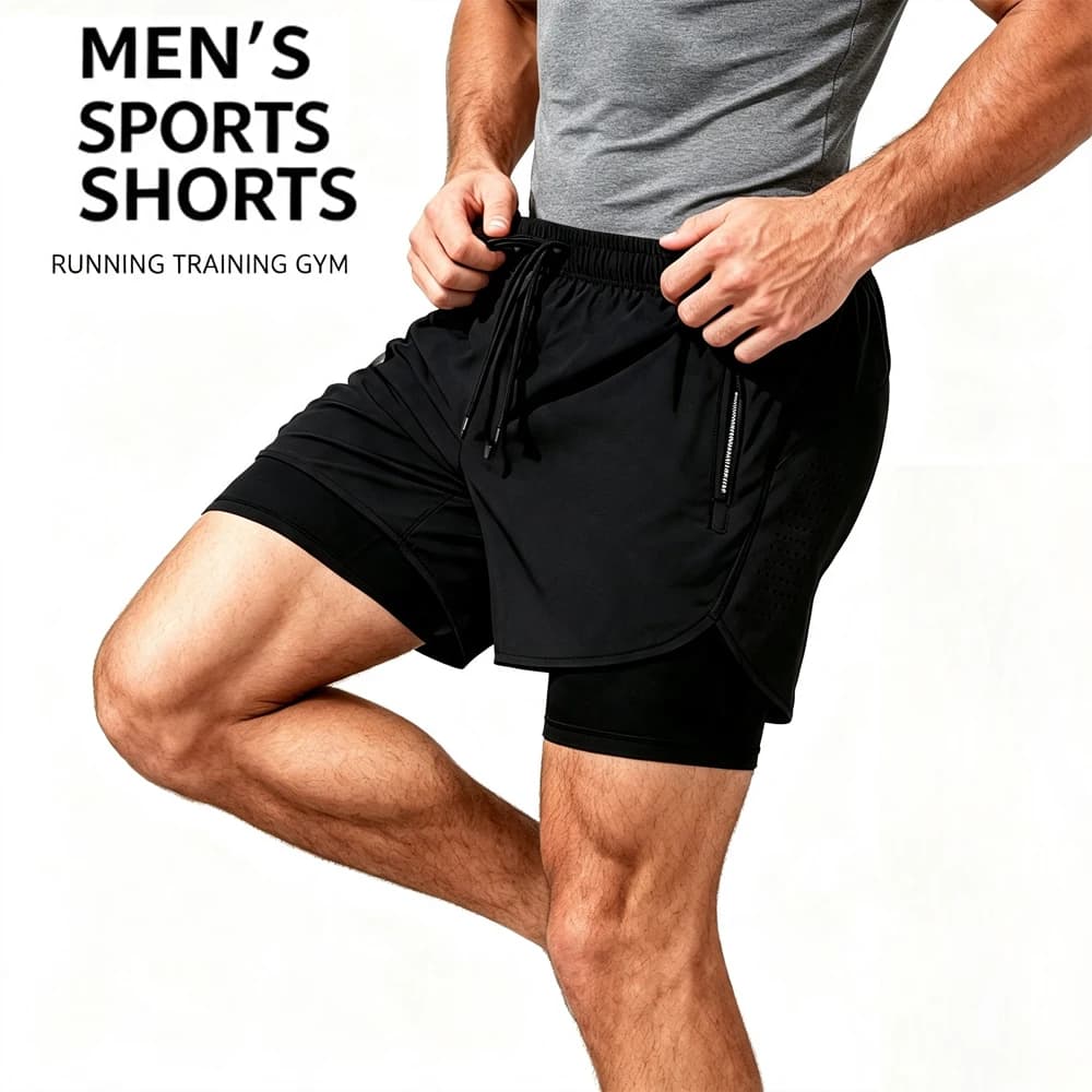 2 in 1 Mens Running Shorts with Anti-Chafe Compression Liner, Quick Dry Fitness Workout Bottom with Secure Zip Pocket