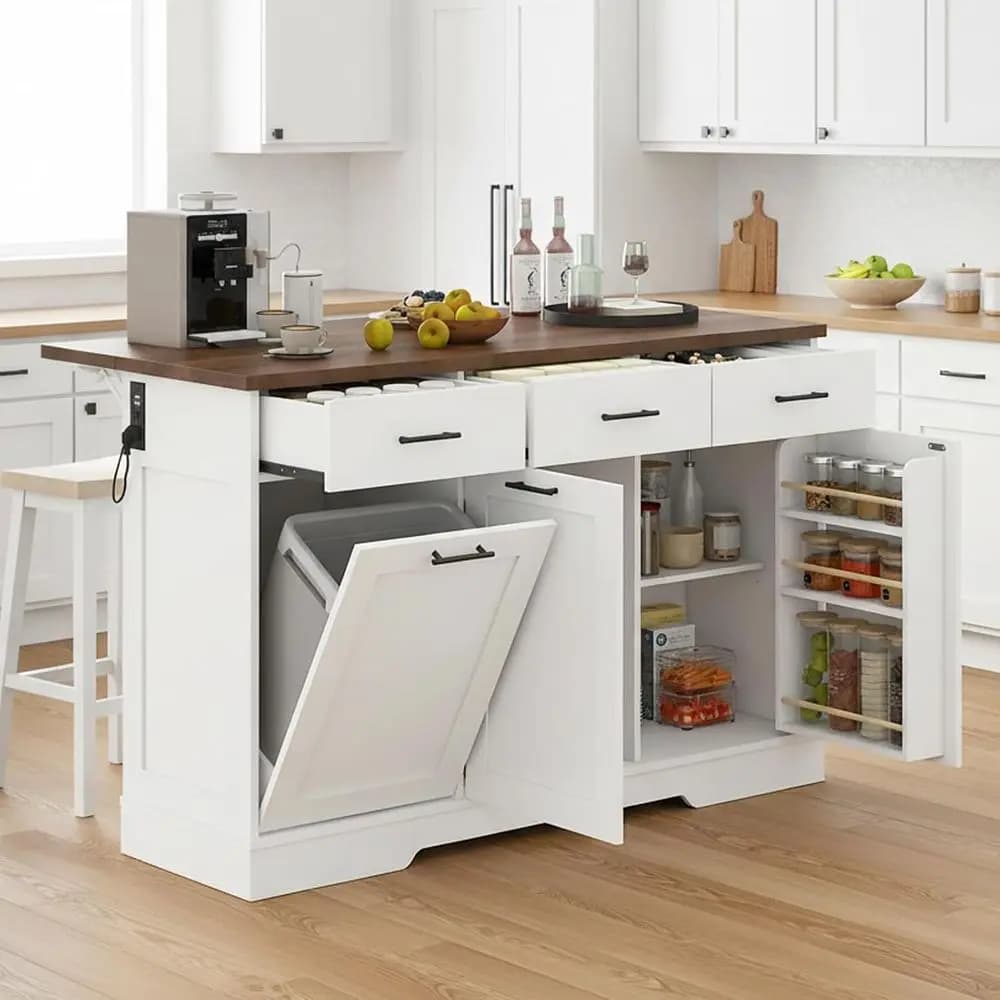 Isola da Cucina 55 Pollici Bianca e Noce con Piano Ribaltabile, Presa di Corrente, Contenitore, Ripiani Regolabili, Cestino, Portasciugamani e Portaspezie