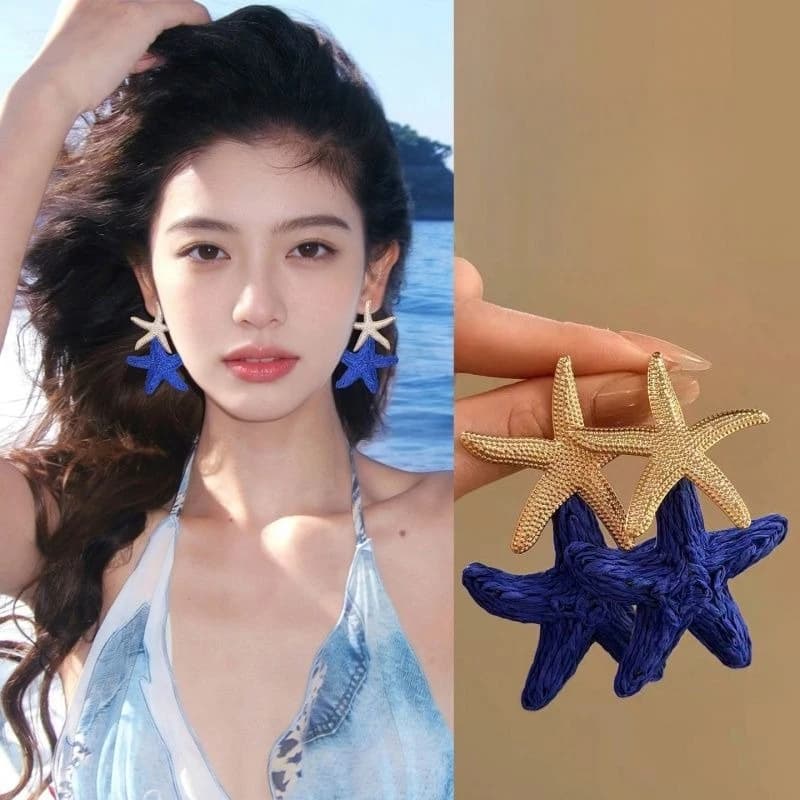 Wave Island, Blue Starfish Earrings, Vacation Style Niche Design, Sweet Temperament, Atmosphere Seaside Photo Accessory