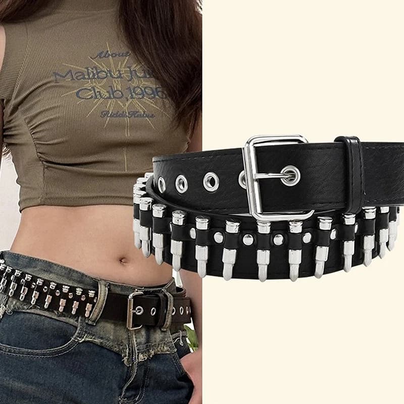 Cintura Nera da Donna Regolabile in Pelle con Borchie e Rivetti, Stile Gotico Rock Punk, Decorazione a Proiettile Cavo, alla Moda