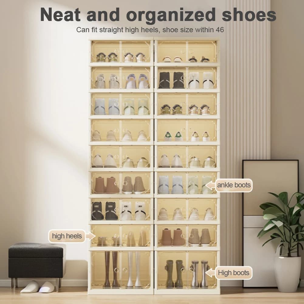 8 Level Folding Shoes Box with Covers, Stackable Organizer for Shoes and Sneakers, Shoes
