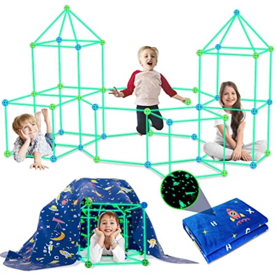 Fort Building Kit for Indoor Outdoor Use, Glow-in-the-Dark Plastic Pieces, Multicolor, STEM Educational DIY Construction Set fo