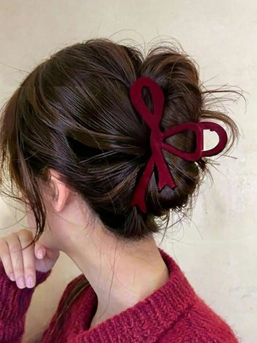 Fermaglio per capelli da donna con fiocco floccato in tinta unita, accessorio elegante e alla moda per feste quotidiane
