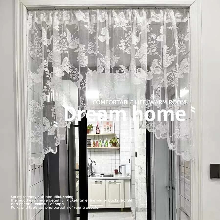 Tenda mantovana corta con farfalla ricamata in stile country 90x210 cm per cucina, piccola finestra, mezza asta per tende, tasca superiore, tendaggi romani