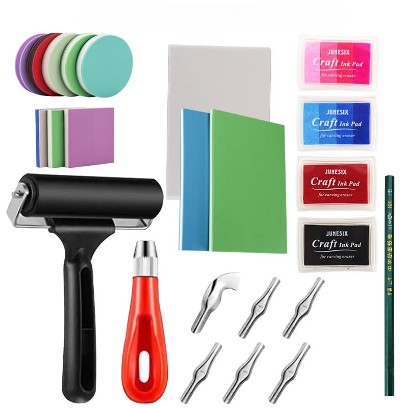 Rubber Stamp Carving Blocks Kit for Printmaking Scrapbook Craft Including Rubber Blocks Linoleum Cutter Knives and Ink Pad
