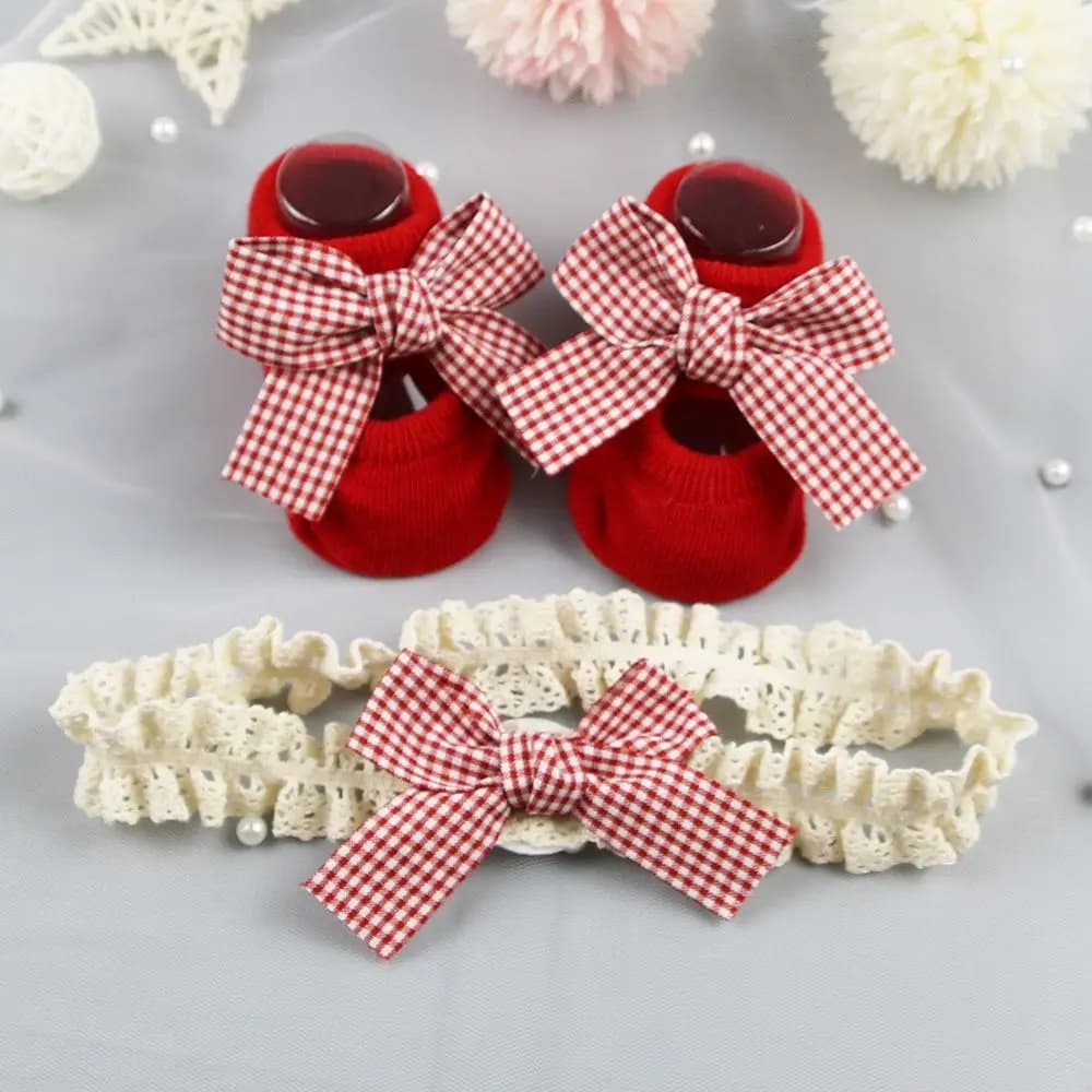 Set di Calzini e Fascia per Capelli a Righe con Cuori per Neonati e Bambini, Calzini Antiscivolo per Bambine, Regalo di Natale