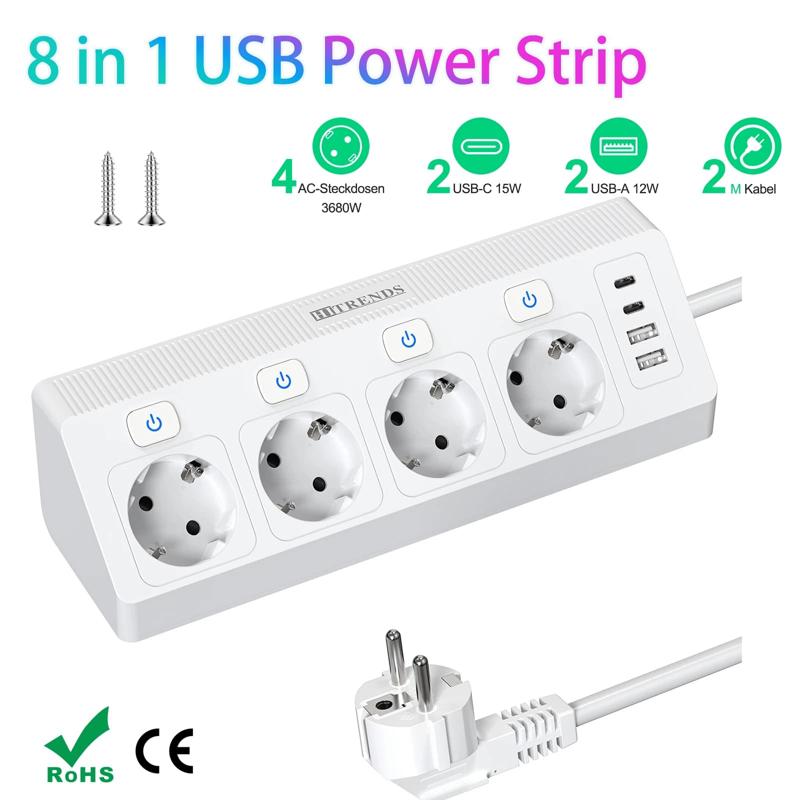 Multipresa da tavolo con presa UE con interruttore individuale, prolunga da 2 m, funzione di protezione contro le sovratensioni con presa angolare con 4 porte USB