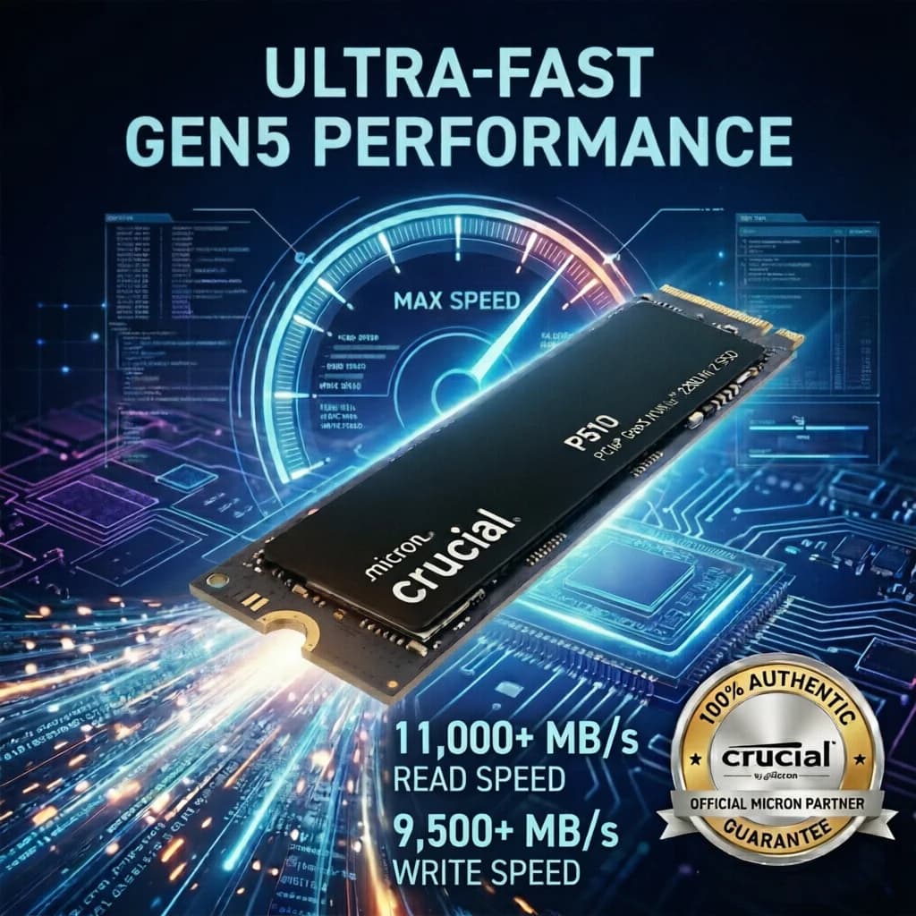 SSD Crucial P510 1TB PCIe 5.0 NVMe M.2 2280 Gen5 x4 11000MB/s, Disco Rigido Interno per Desktop, Laptop e PC Gaming, Originale OEM