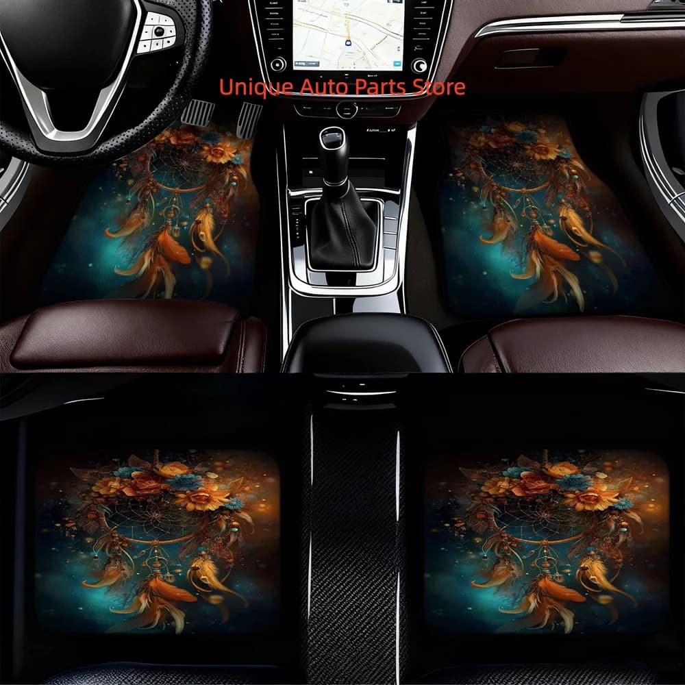4pcs Car Floor Mats adorned with Dreamcatcher Floral Fantasy Pattern, compatible with Trucks or Hatchbacks, featuring Convenient