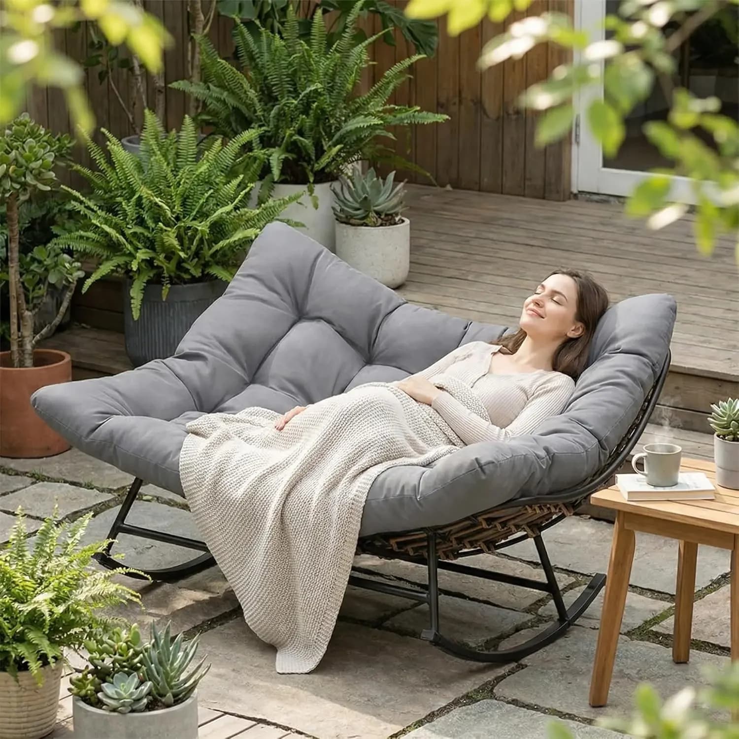 Cuscino per Sedia a Dondolo in Vimini e Rattan, per Interni ed Esterni, Patio, Giardino, Soggiorno