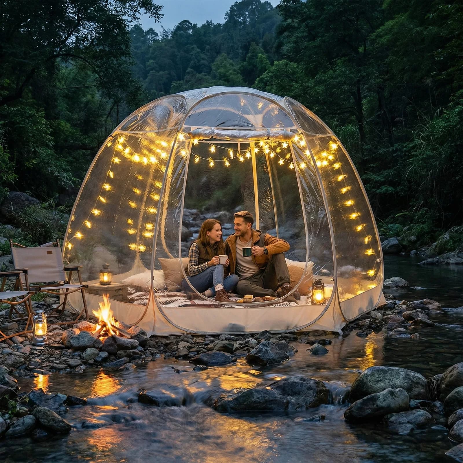 Tenda a Bolla Quick-Set per Campeggio, Resistente al Vento e al Freddo, in PVC, con Luci a Corda Incluse per Atmosfera Notturna