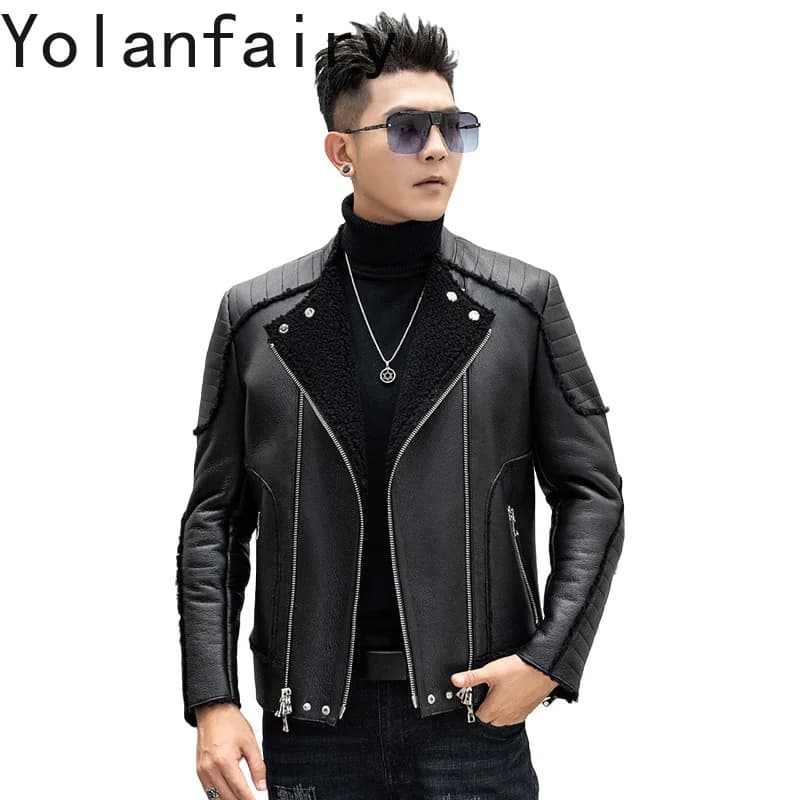 YOLANFAIRY New Natural Wool Fur Coat Men Luxury Winter Short Hot Motorcycle Jacket in Vera Leather Coats of Vera Pecora Leather