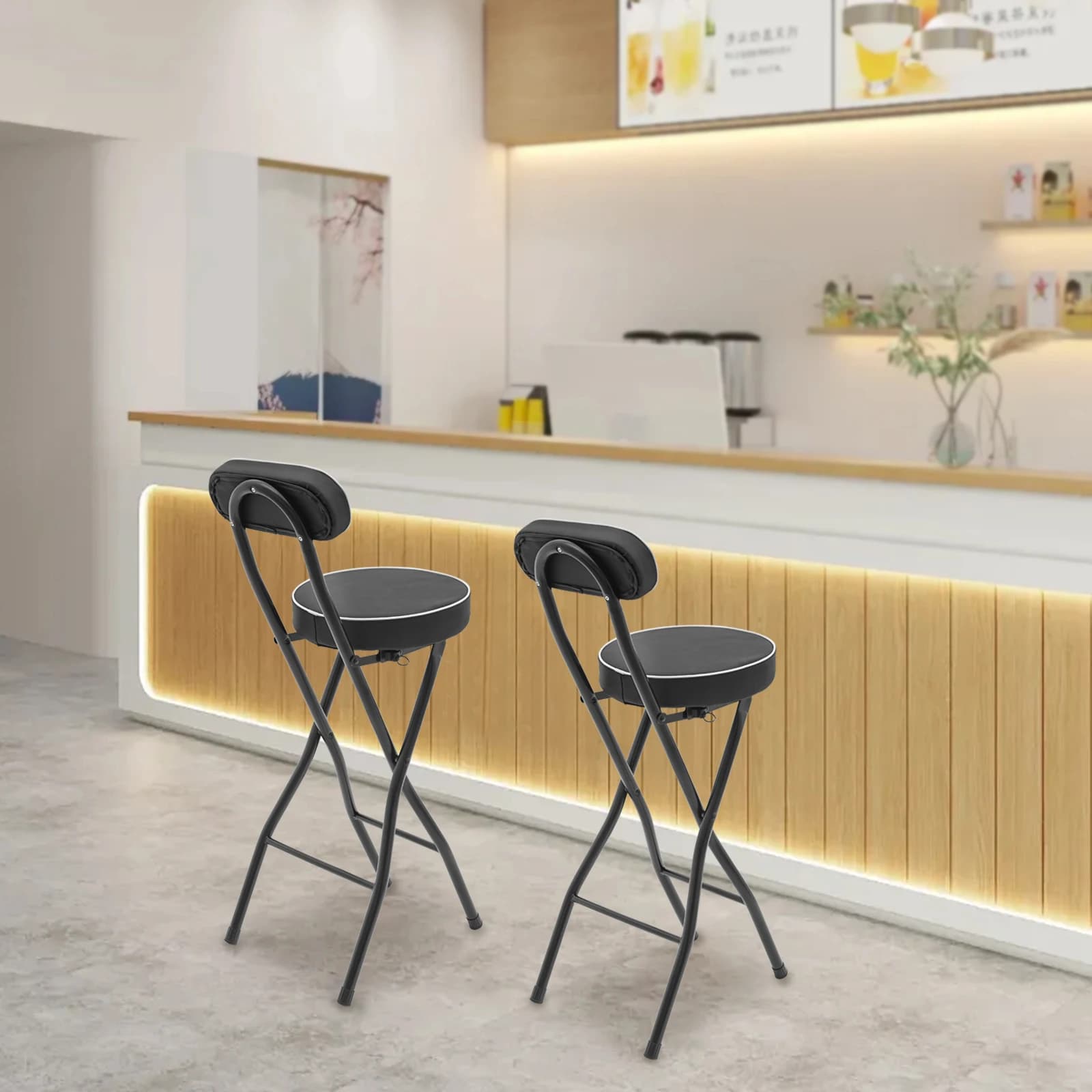 Black 2-Piece Foldable High Chair Steel+Plastic+PU - Electrostatic Spraying Process For Wear Resistance, Sponge-Filled Cushion