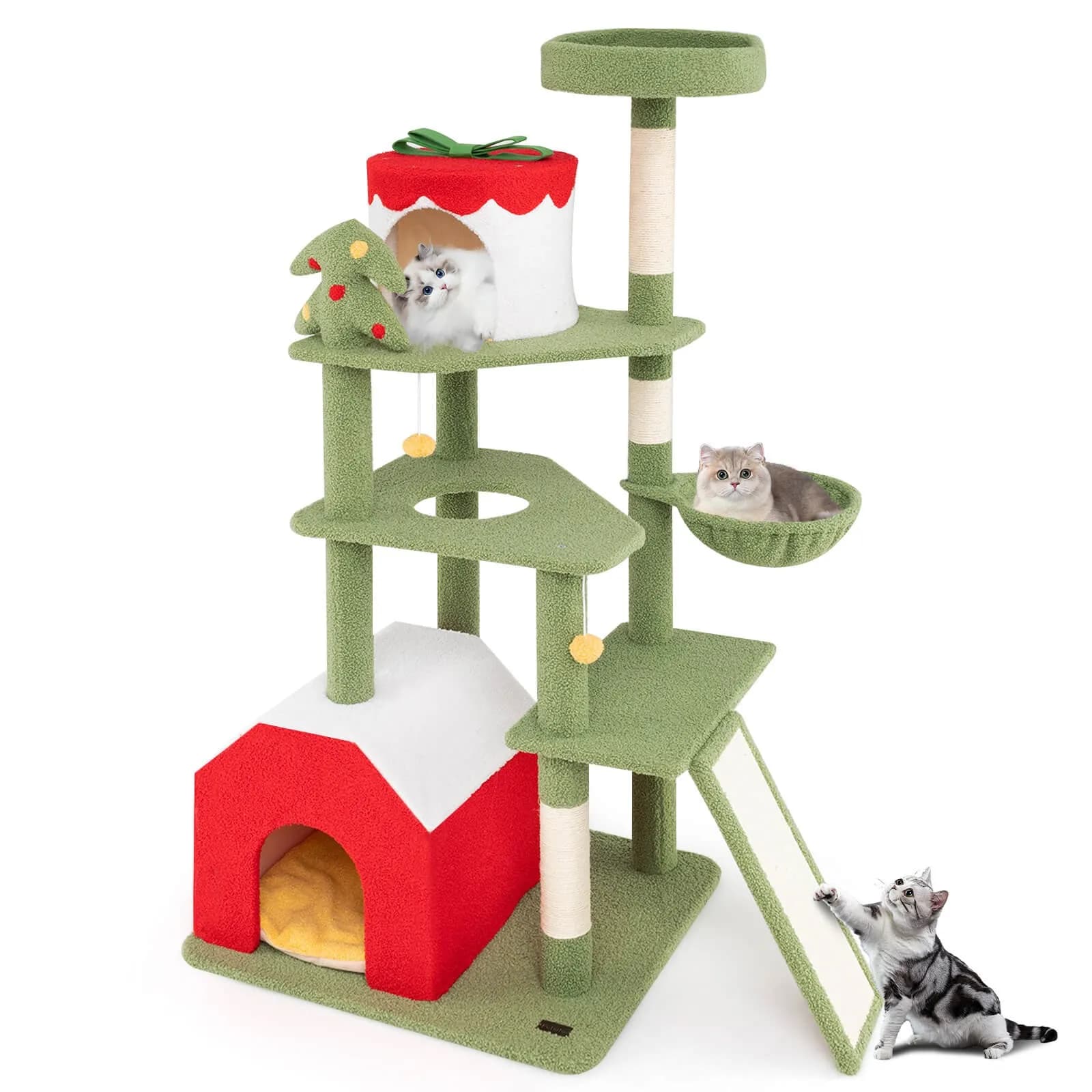 Albero di Natale per gatti alto 61 pollici con tiragraffi in sisal, persico in peluche e 2 condotti