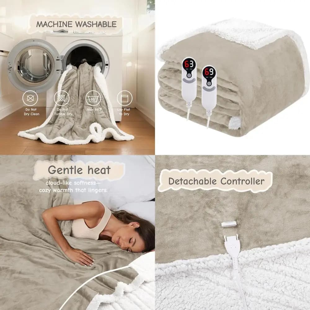 Coperta elettrica Queen Size 84x90, morbida flanella, doppi controller, protezione da surriscaldamento, 6 impostazioni di calore, timer da 10 ore