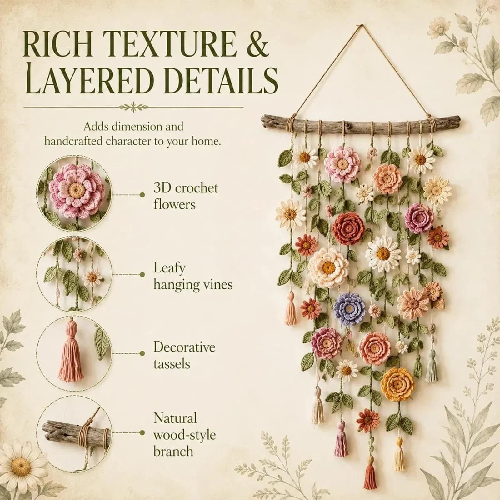 Floral Vine Decor Boho Crochet Wall Hanging Handmade Cotton Macrame Bohemian Farmhouse Art