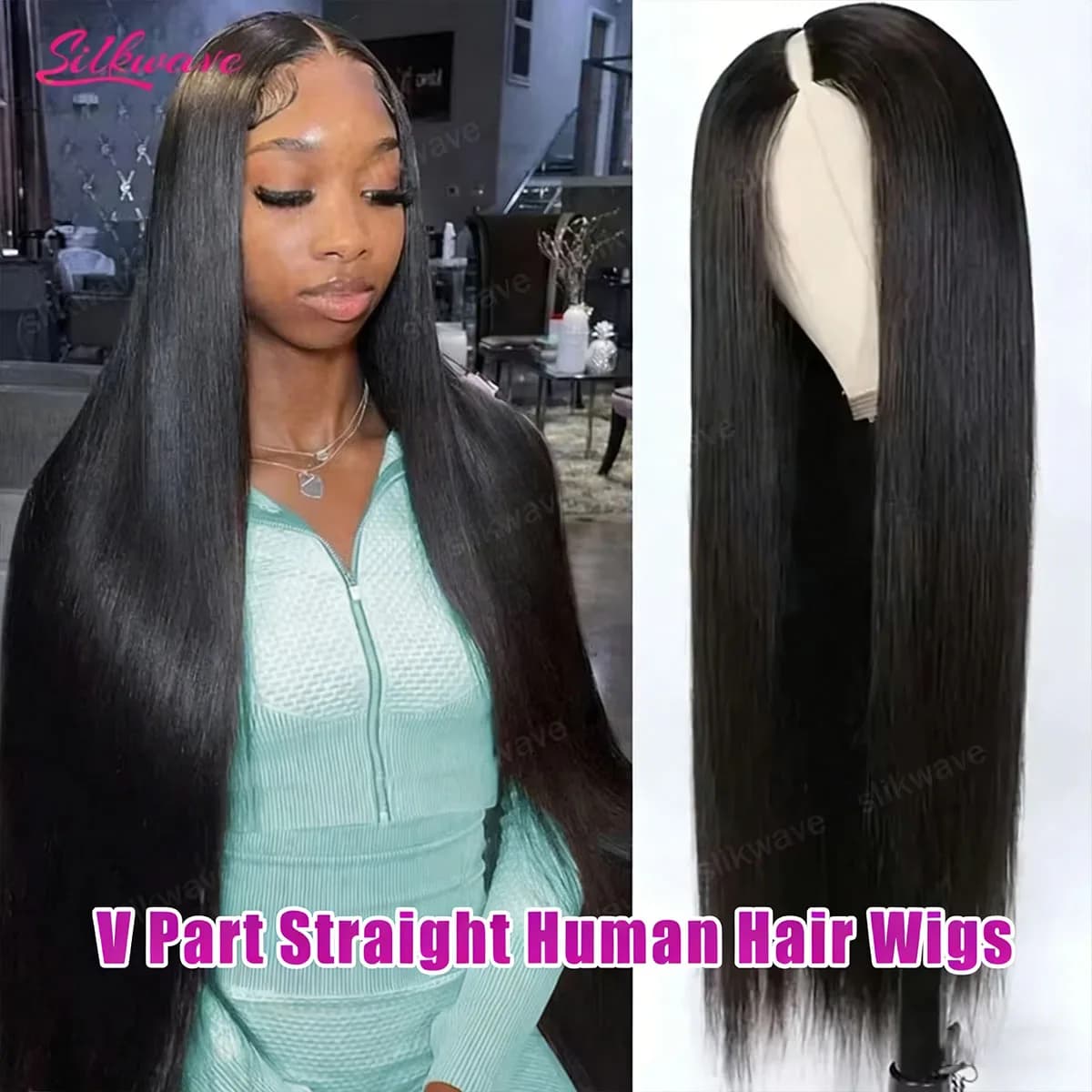V wig with human hair, 30-36 inches, density 200, with clip, half Brazilian wig without glue for woman