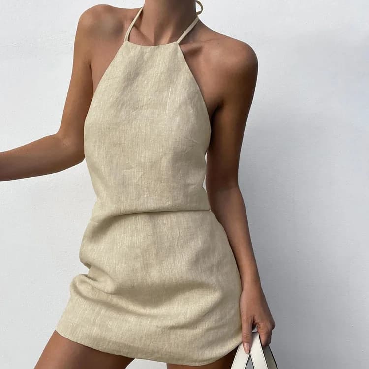 Abito estivo elegante senza schienale con lacci, sexy e di tendenza, stile street, vita alta, gonna corta a trapezio, senza maniche
