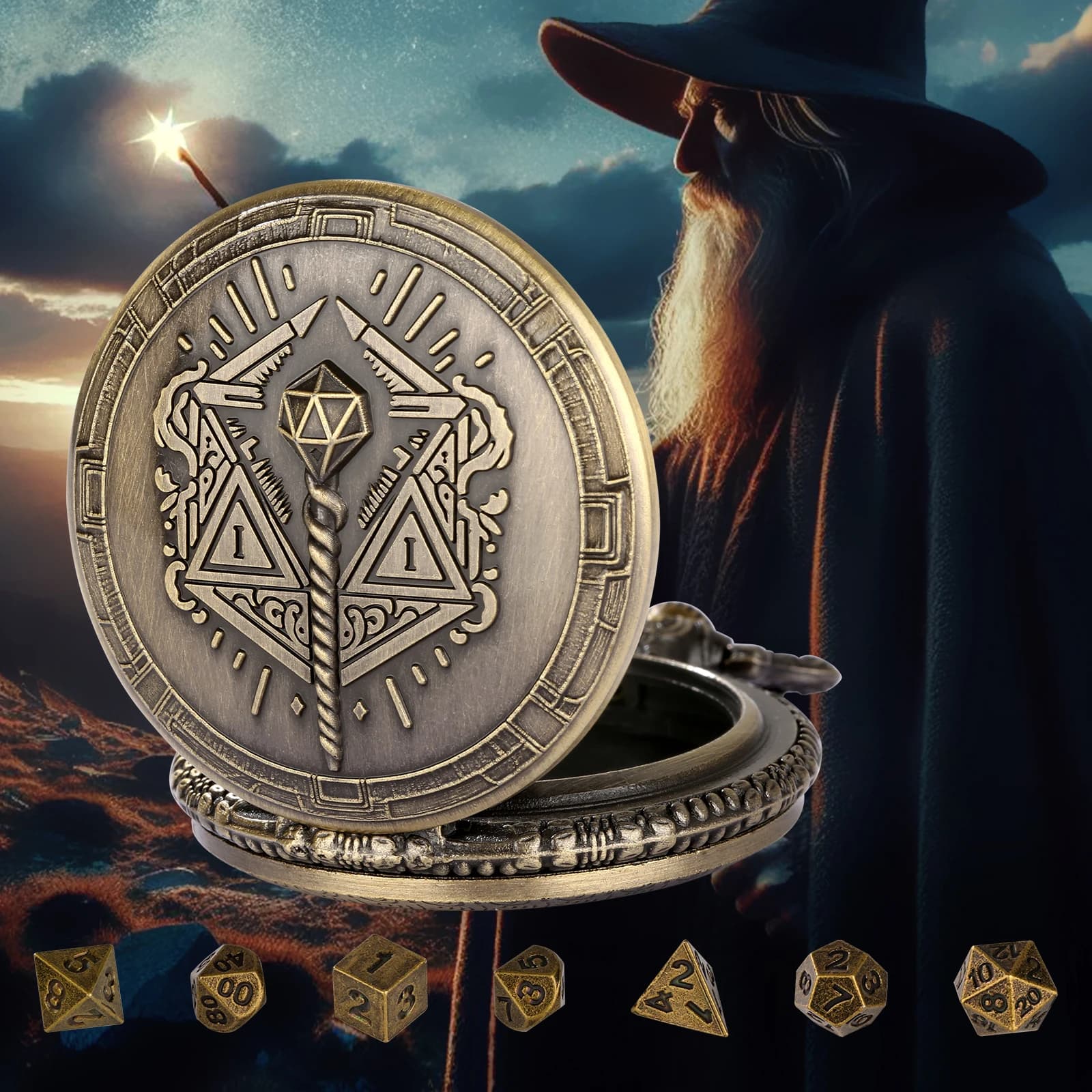 YISUYA Wizard Custodia per orologio da tasca Set di dadi DND, 7 dadi DND in metallo poliedrico, accessori per giochi da tavolo di ruolo Regali per feste