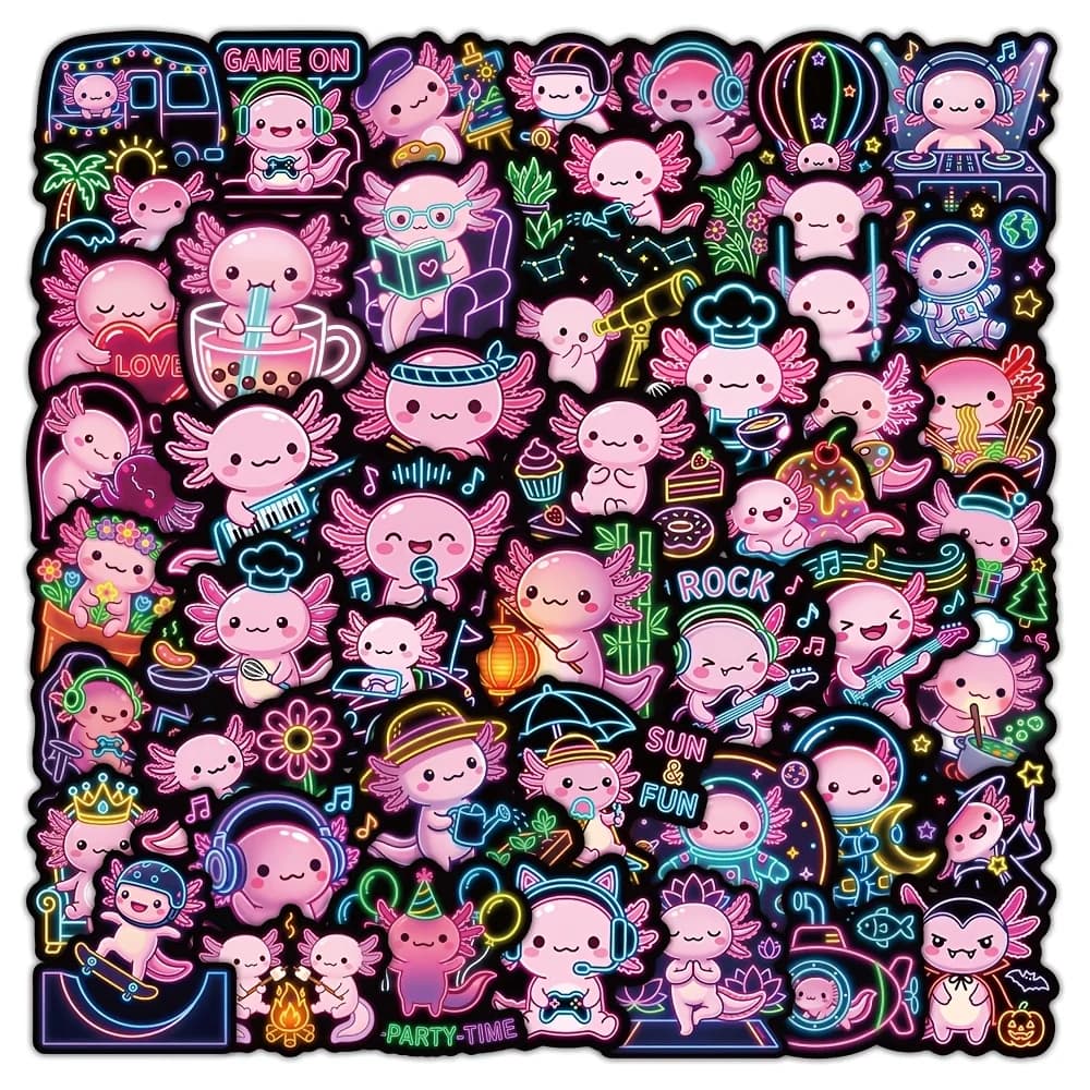 50pcs Cool Neon Axolotl Stickers Colorful Axolotl Cartoon Doodle for Decorating Laptops Phone Cases Water Bottles Party Favors