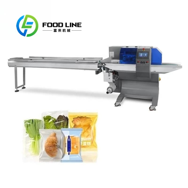 Horizontal Flow Wrapping Machine Continuous Pillow Type Packaging For Fresh Vegetables Bread Cake Biscuits And Food Products