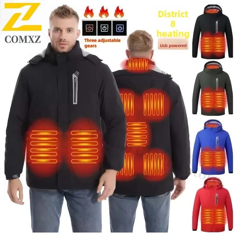2025 Men's Smart USB Heated Jacket Warm Long Coat Winter Sports Windproof ski suit lined in outdoor fleece Clothing for electric heating