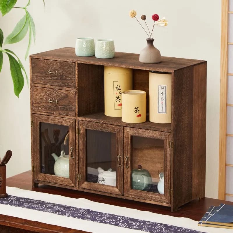 Tabletop Display Shelf Tea Storage Rack Glass Door Dustproof Curio Cabinet Multi-compartment Wood Organizer for Tea Cup
