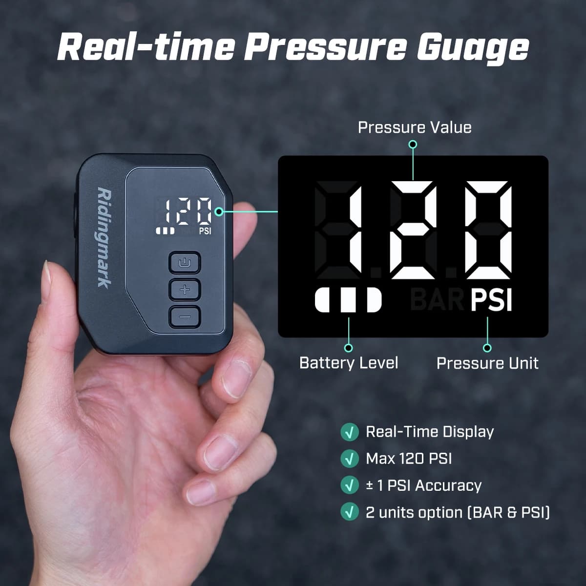 Ridingmark AS280PRO Mini Gonfiatore per Pneumatici Bici 120PSI a Batteria, Accessori Ciclismo, Pompa Bici con Schermo per Valvole Presta e Schrader