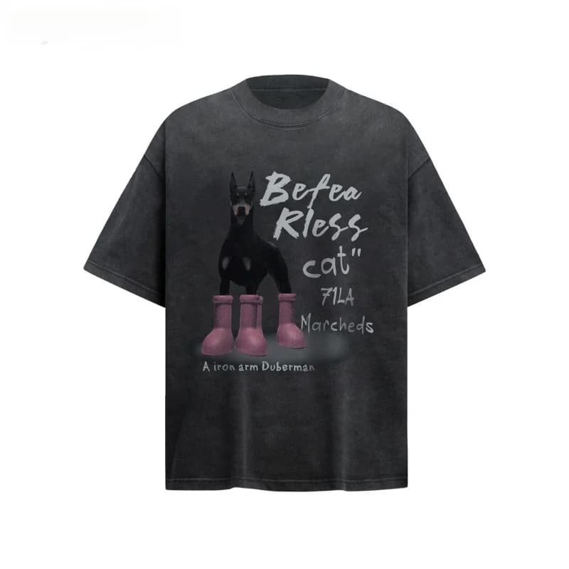 Vintage Washed Red Boots Dog Graphic T Shirt Men Oversized Cotton Tee Streetwear Loose Fit Summer Casual Unisex Couple