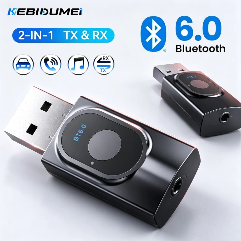 KEBIDUMEI 2 IN 1 Bluetooth 6.0 Audio Transmitter Receiver 3.5mm AUX USB Dongle With MIC Music Wireless Adapter For Car/TV/PC