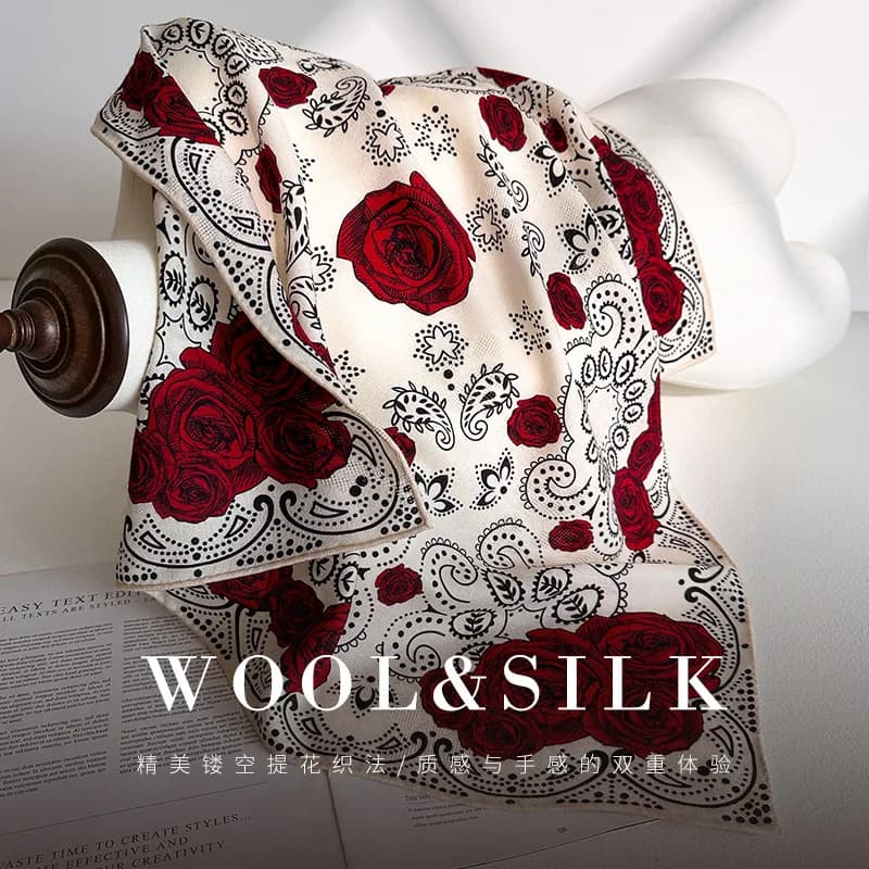 Wool Silk Square Scarf for Women 2026 Luxury Brand Red Rose Print Neck Scarves Neck Warmer Muffler Woman Accessory