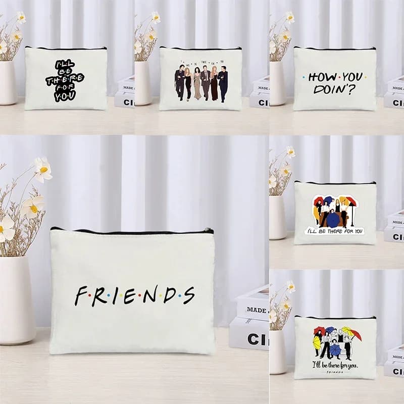 TV Show Friends Borsa per il trucco per le donne Organizzatore cosmetico da viaggio Borsa Kawoii Borsa per il trucco in tela ecologica Astuccio per matite