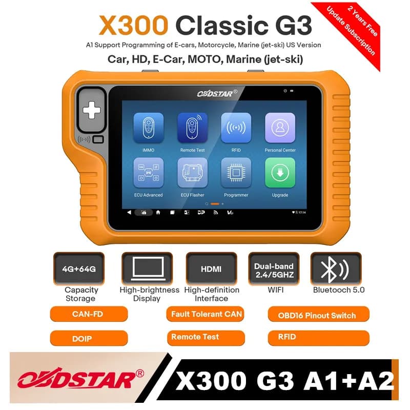 Programmatore di chiavi OBDSTAR X300 Classic G3 con CAN FD e DoIP integrati per auto, veicoli pesanti, auto elettriche, motocicli e moto d'acqua + SIM chiave in omaggio
