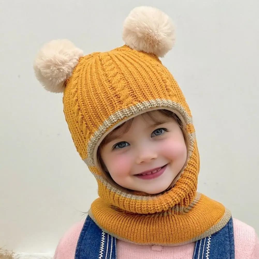 Children Hat Children's Plush Ball Knitted Hat Thickened 3-in-1 Scarf Face Guard Elastic Windproof Headgear for Winter Outdoors