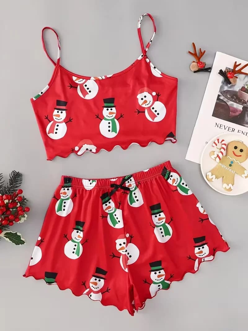 Set pigiama natalizio con stampa pupazzo di neve, top e pantaloncini girocollo con cinturino per spaghetti da donna, 2 pezzi, pigiama da notte