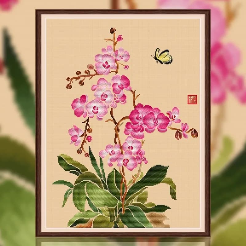 Printed Kit Cross Stitch 11CT 14CT Embroidery DIY Cotton Needlework Sets Crafts With Needles Chinese Butterfly Orchid 43 Colors