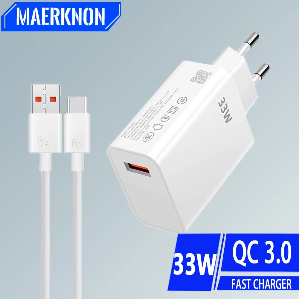Adattatore di alimentazione per telefono cellulare a ricarica rapida per caricabatterie rapido USB da 33 W per Xiaomi Redmi Note 13 12 11 10 iPhone Samsung Caricatore con spina UE/USA
