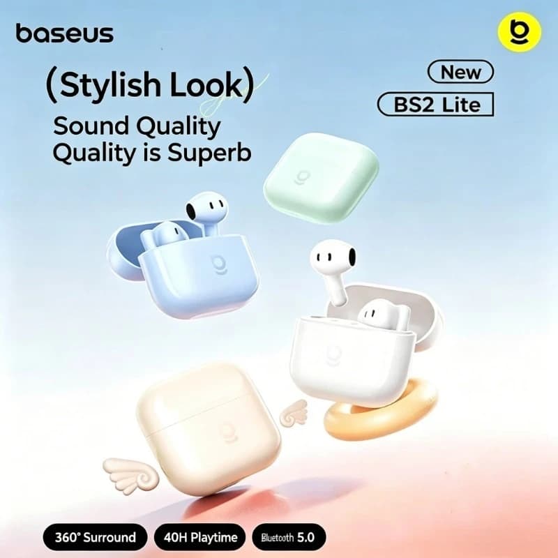 Baseus BS2 Lite A0010A Semi in Ear TWS Earbuds Bluetooth 6.0 3.3g 40H Playtime 360° Surround Sound IP55 ENC Wireless Headphones