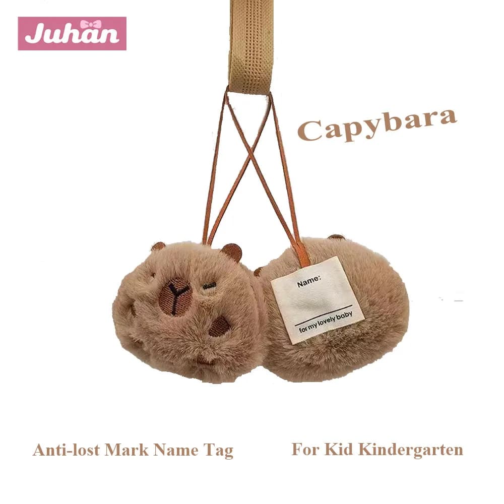 Portachiavi capibara in peluche Kawaii Portachiavi con etichetta con nome anti-smarrimento per decorazione pendente zaino asilo per bambini