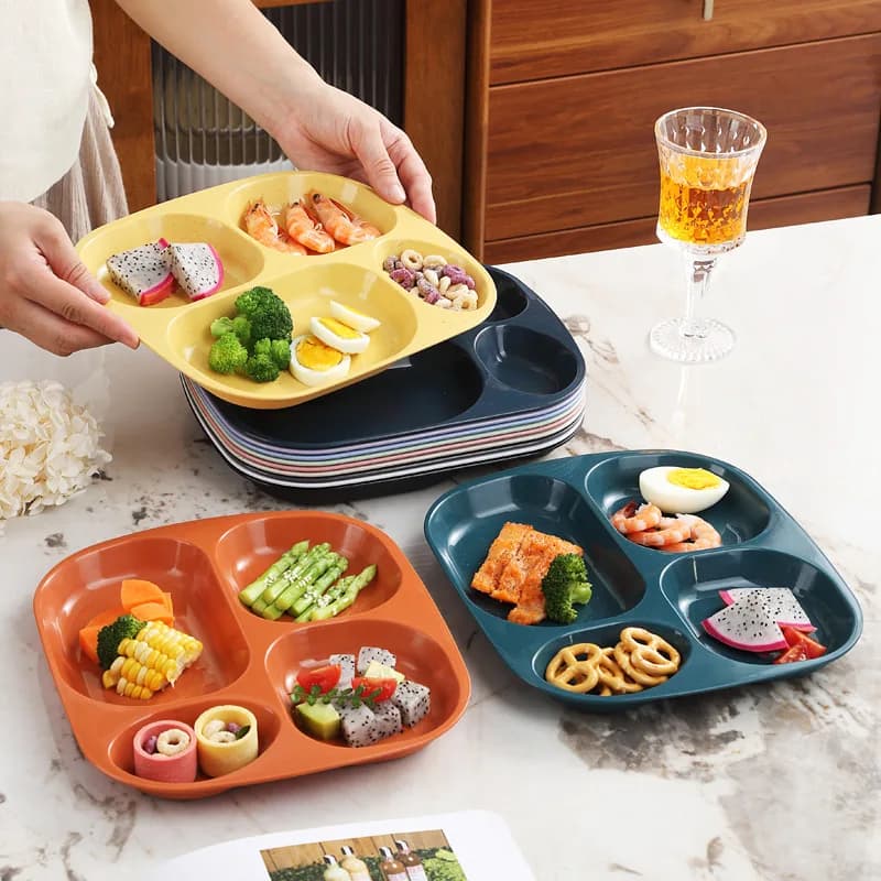 Individual plastic plate with 4 compartments, reusable, ideal for healthy diet and weight loss, for home, camping, dorms, shelves and canteens